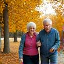 Active, joyful senior couple on a walk