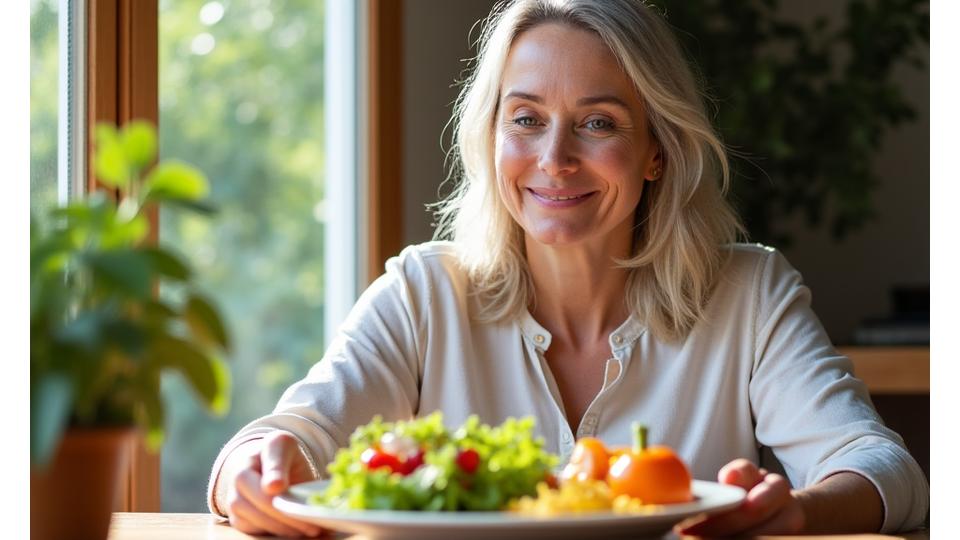 Woman enjoying a fresh, healthy salad mindfully