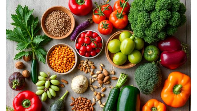 Variety of fresh, colorful plant-based foods
