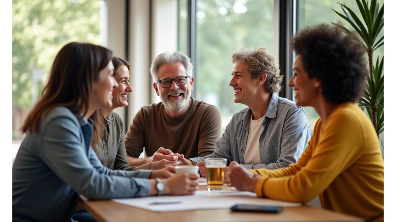 Diverse group of adults laughing and interacting in a bright, modern wellness community setting, symbolizing support and connection.