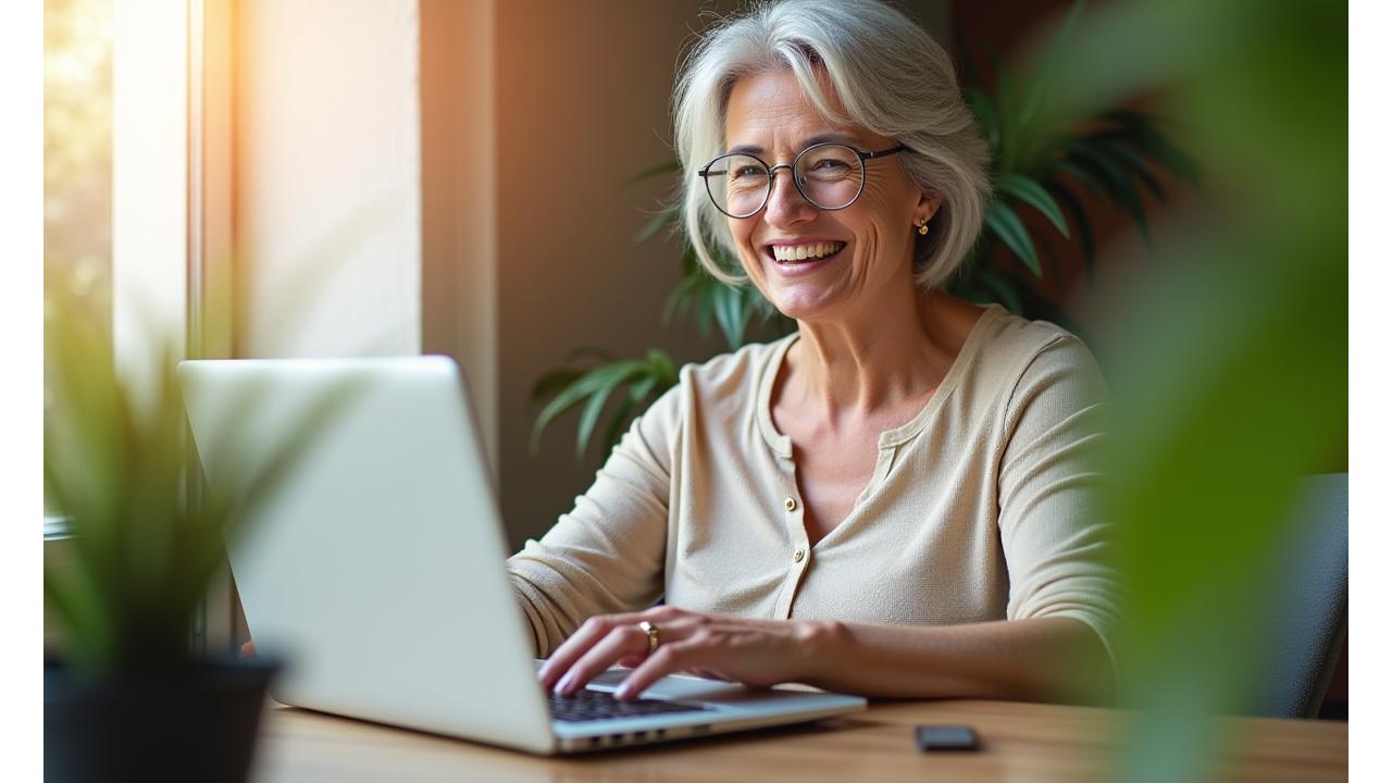 Woman happily typing on laptop with natural plant surroundings, representing ease of connection and wellness