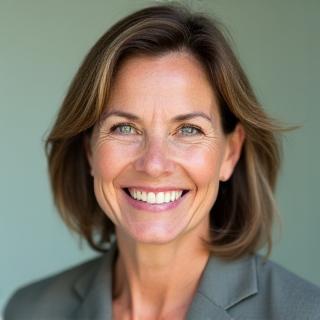 Dr. Claire Adams, a professional woman in her late 40s, smiling warmly, signifying an experienced and approachable functional nutrition specialist.