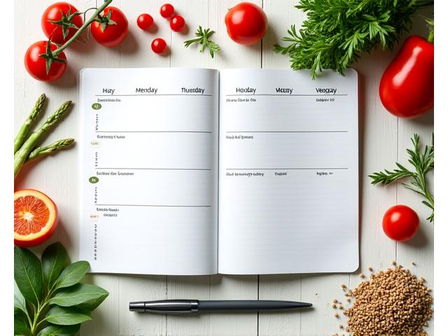 Opened planner with a weekly plant-based meal plan charted, alongside fresh vegetables and a pen, symbolizing organized and healthy eating for Austin residents.