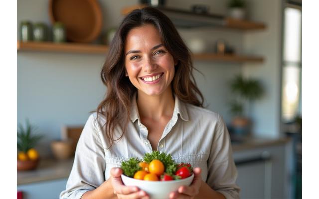 Maria Gonzalez, a woman in her late 30s, radiating health and confidence, perhaps enjoying a healthy meal, representing successful inflammation reduction and sustainable wellness.