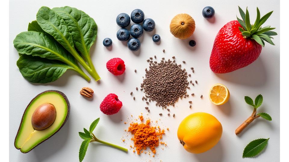 A vibrant collage showcasing various superfoods: colorful berries, dark leafy greens, vibrant turmeric root, chia seeds, and spirulina powder, arranged attractively to convey health.