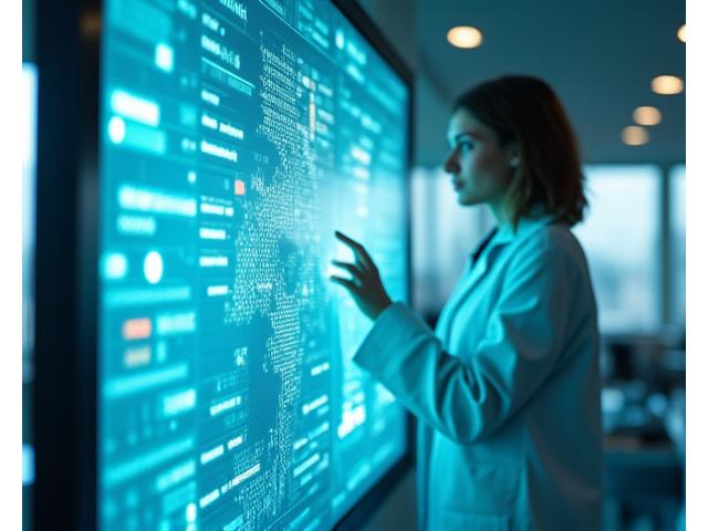 Scientist analyzing data on a futuristic screen, representing advanced longevity research and data-driven health.