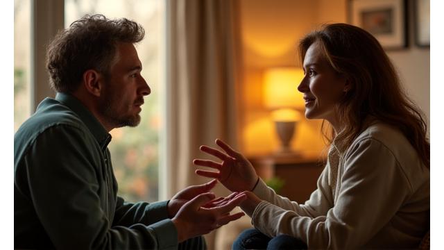 Two people conversing calmly and attentively, showing good communication.