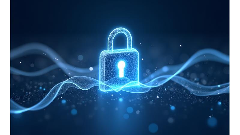 Abstract illustration of a secure digital lock with intertwined green and blue ribbons, symbolizing data protection and trust.