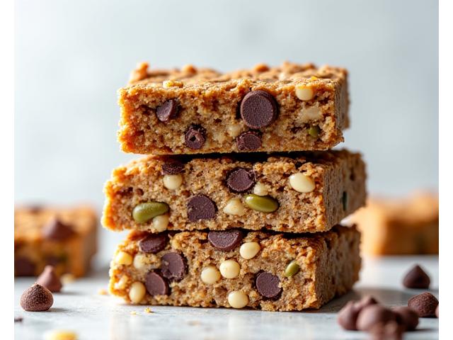 Stack of three gourmet protein bars with visually appealing ingredients like nuts and chocolate chips.