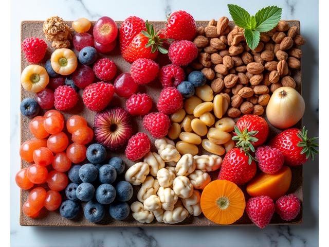 Artfully arranged healthy snacks: colorful nuts, seeds, and fruit bars.