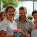 A diverse group of adults smiling and interacting in a community setting, symbolizing user feedback.