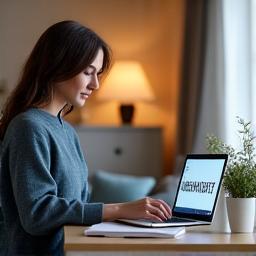 A person comfortably participating in an online workshop from their home office, with a laptop and a cup of tea.