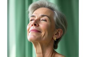 Woman feeling refreshed, representing menopause transition.